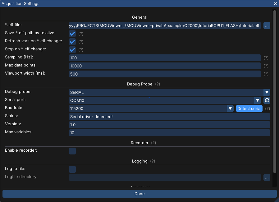 MCUViewer Acquisition Settings with the SERIAL probe, port and baud rate for the C2000 target