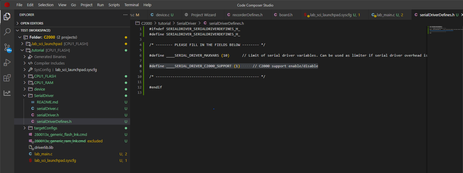 MCUViewer serial driver folder added to the C2000 project in Code Composer Studio