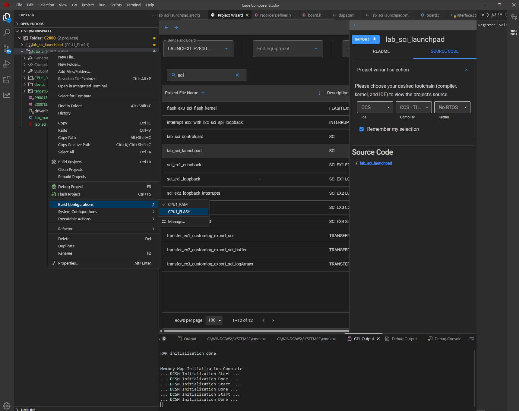 Code Composer Studio project with the FLASH build configuration selected