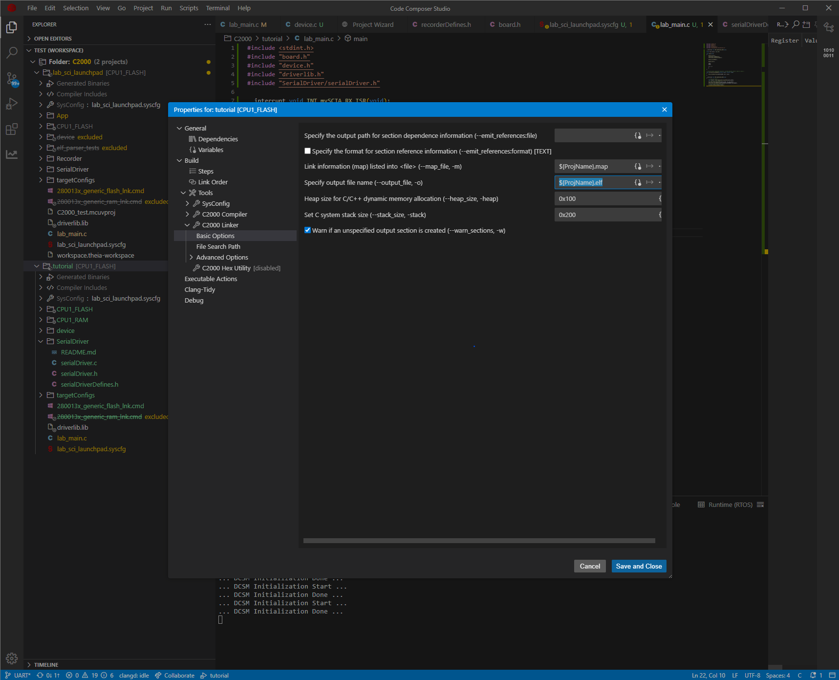 Code Composer Studio project properties with the output format switched to *.elf
