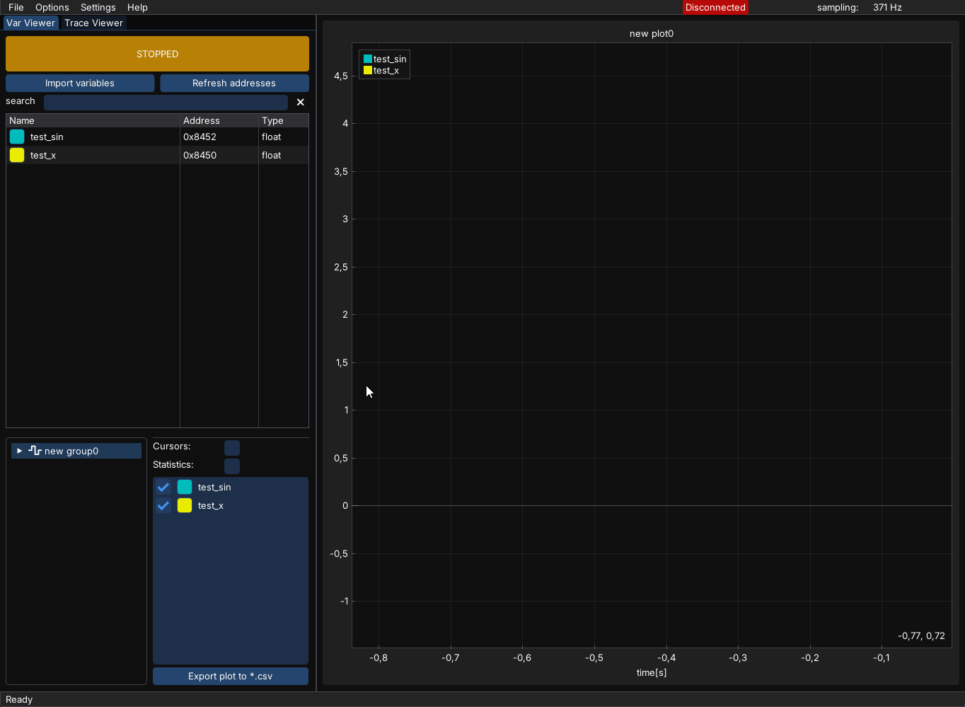 Live plot of the C2000 variables test_x and test_sin over the serial driver