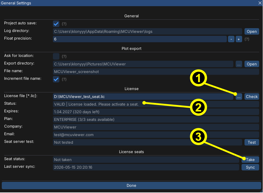 Seat-based online license section in General Settings with the last server sync time