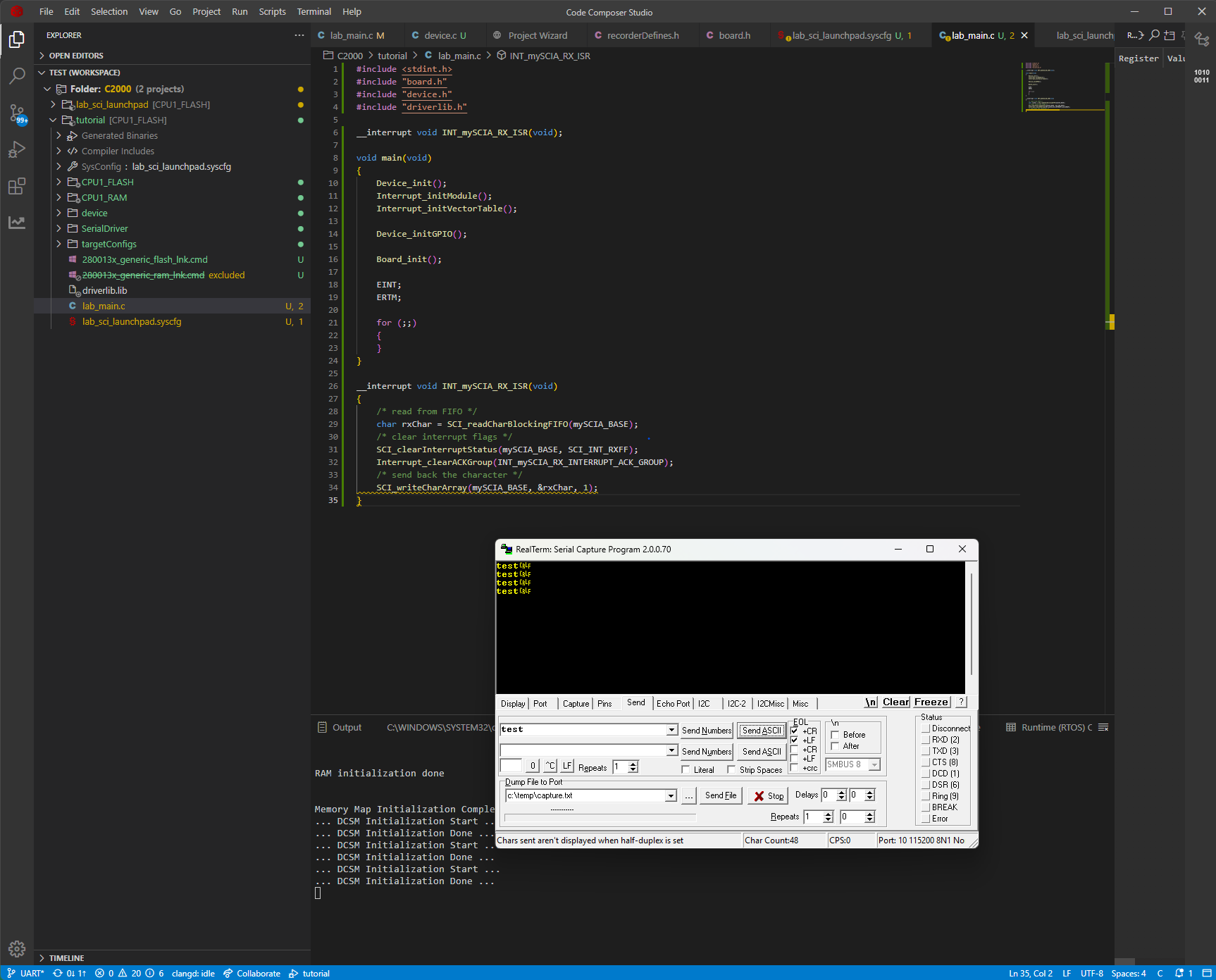 RealTerm terminal showing the C2000 UART loopback test