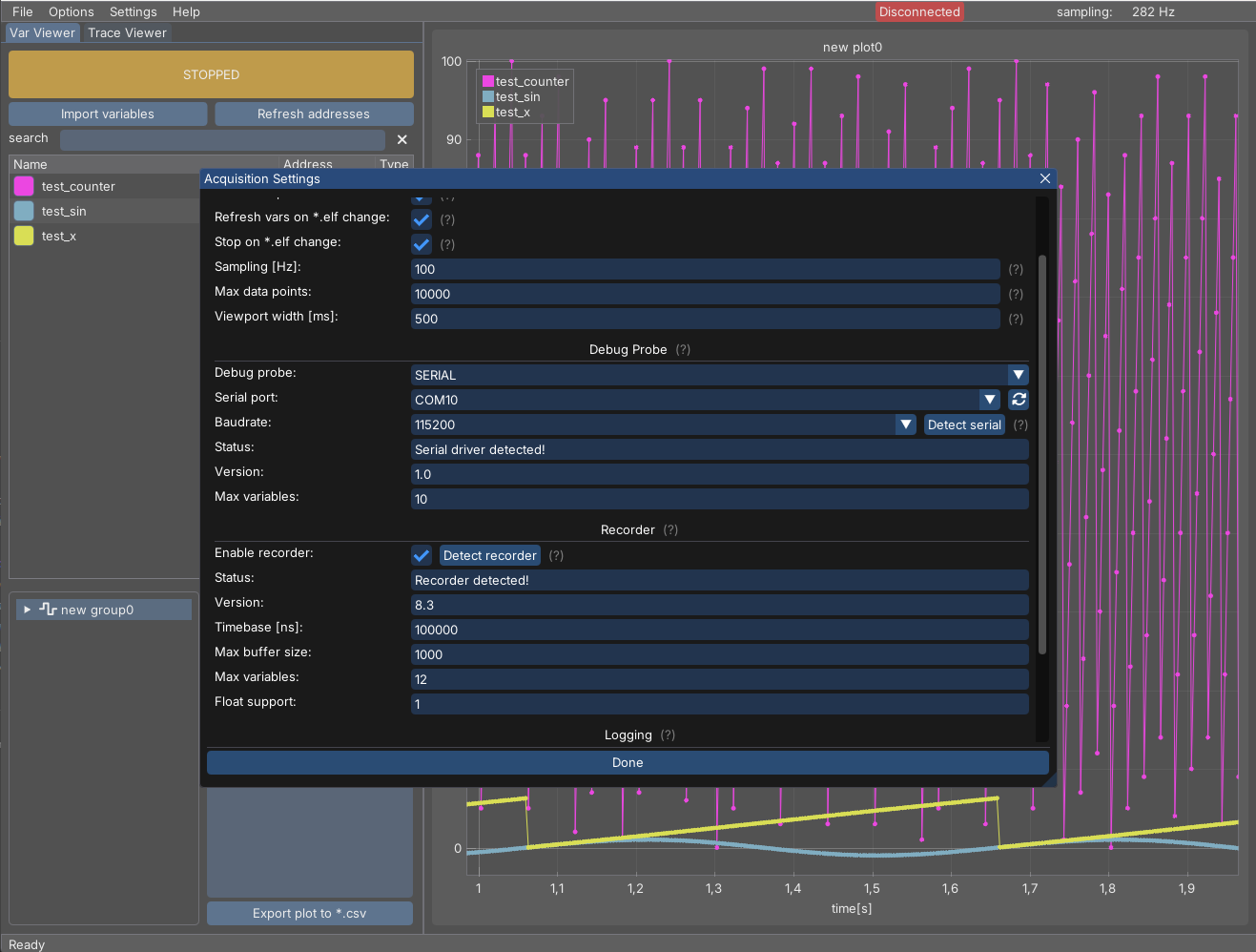 Acquisition Settings showing the recorder detected on the C2000 target