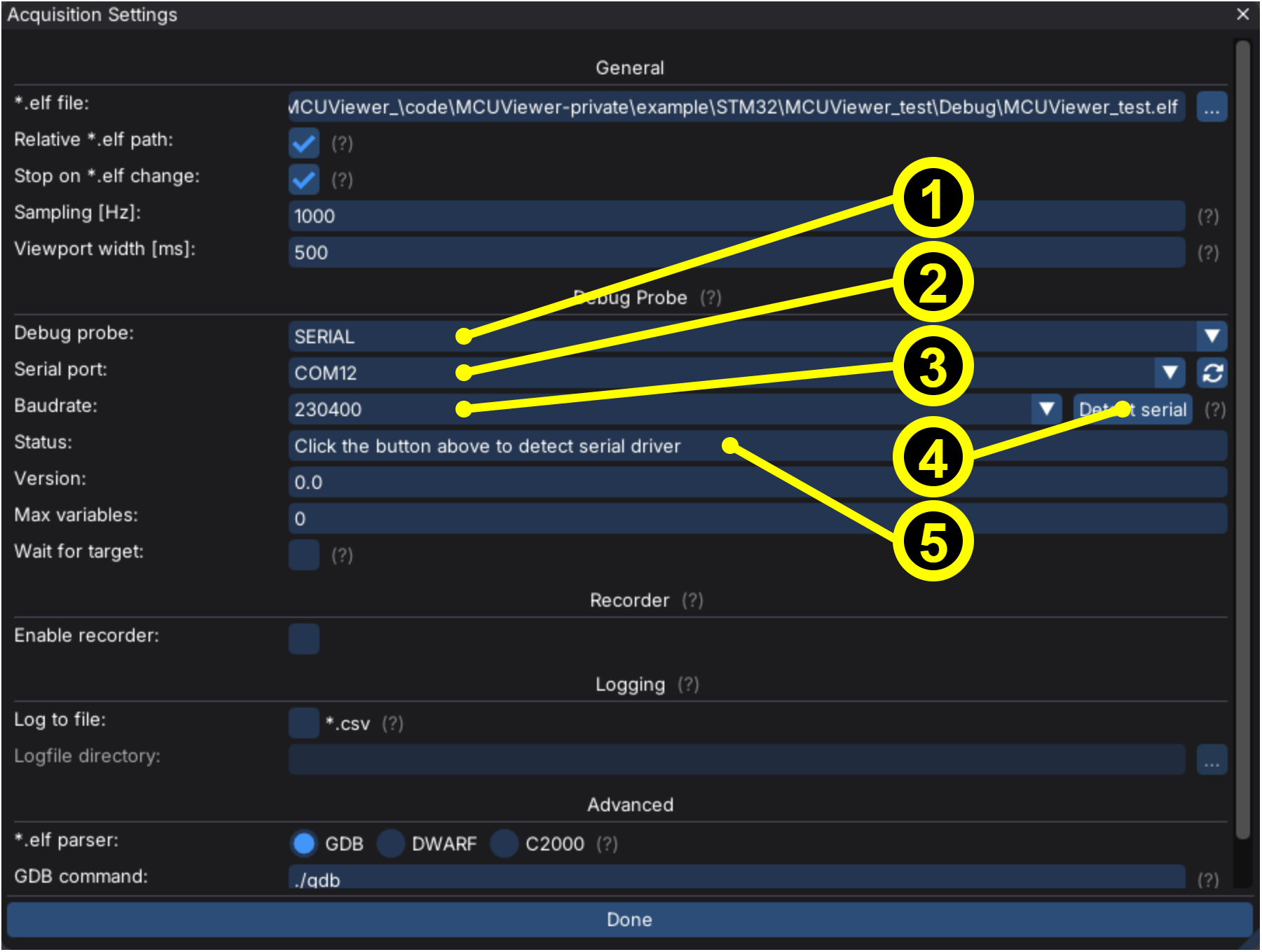 Acquisition Settings with the SERIAL probe, serial port and baud rate selected