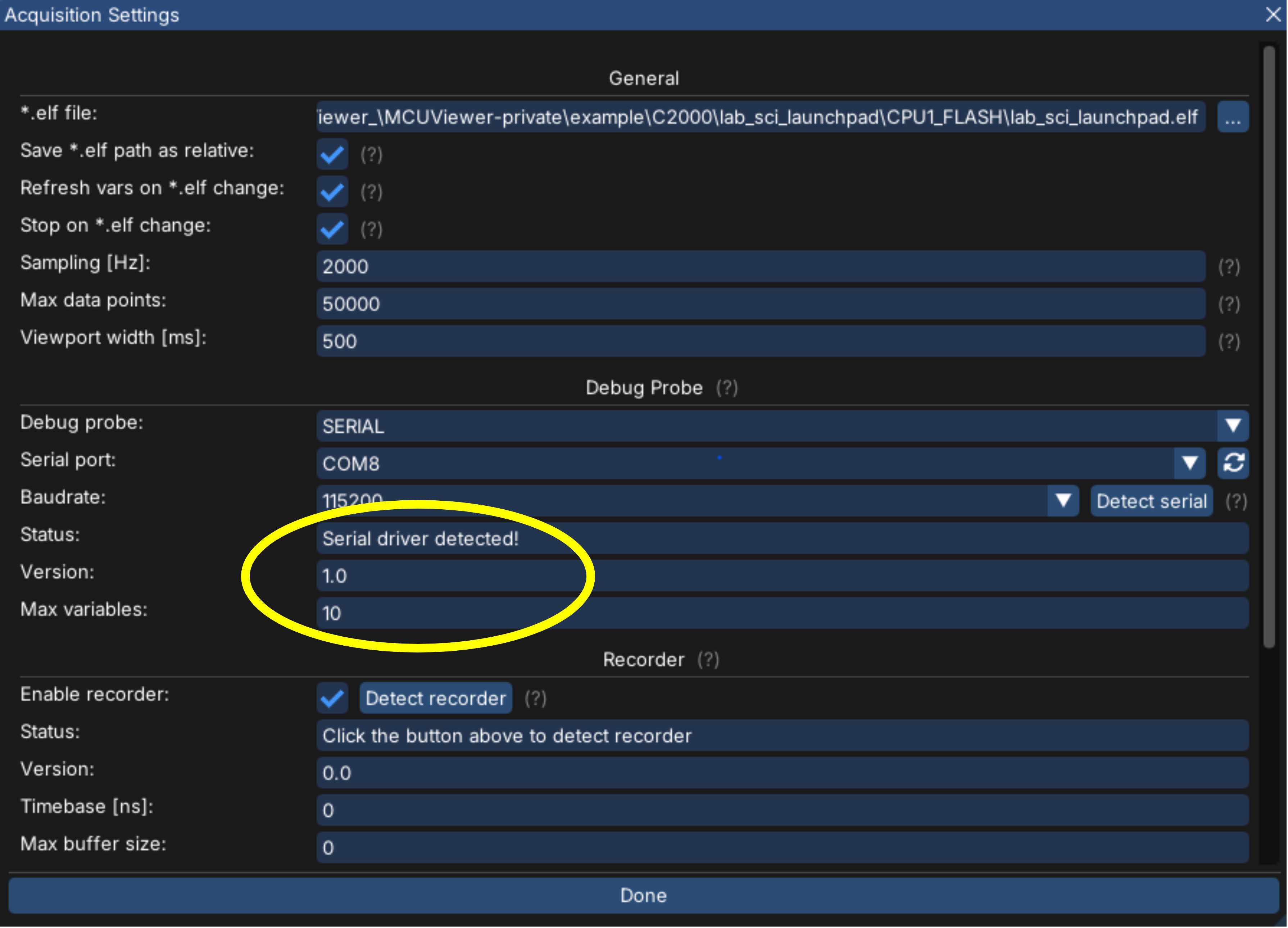 Acquisition Settings showing the serial driver detected on the target