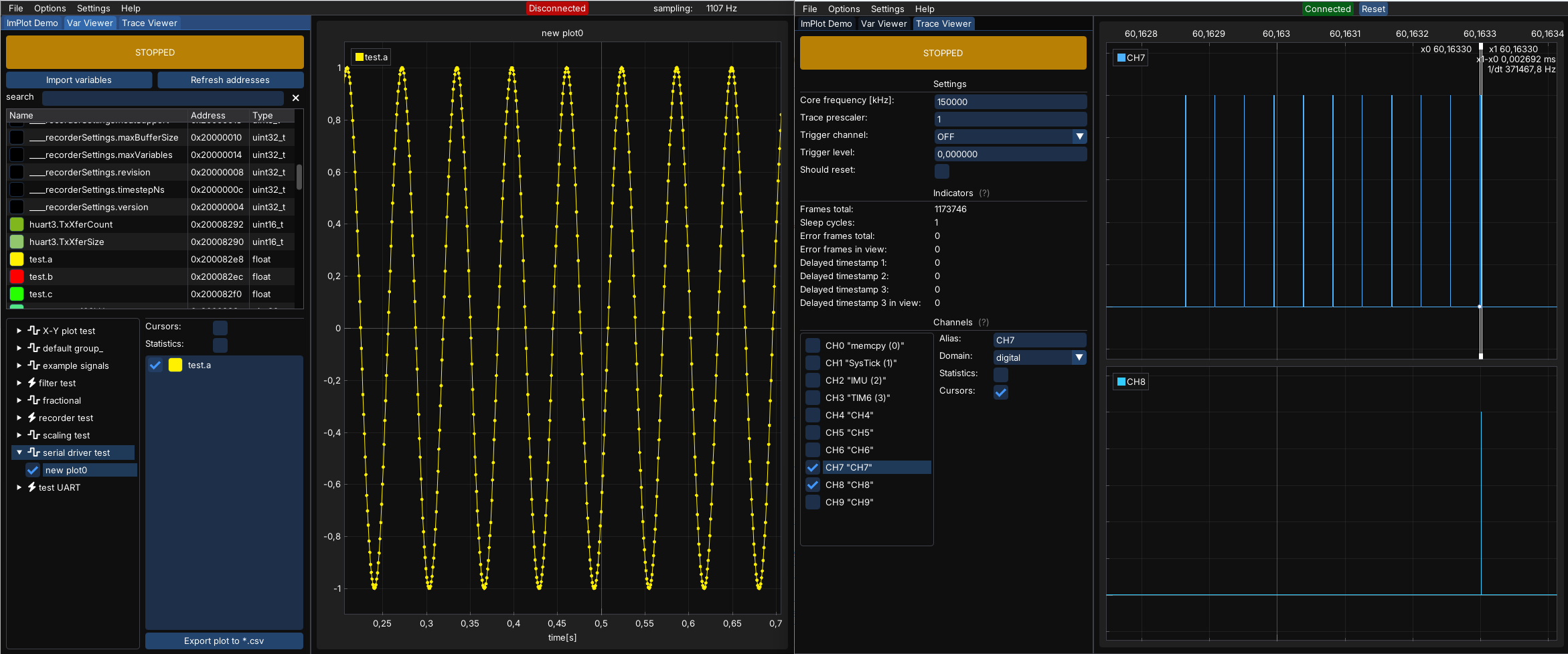 Two MCUViewer instances: one sampling a variable over the serial driver, one profiling it with the Trace Viewer